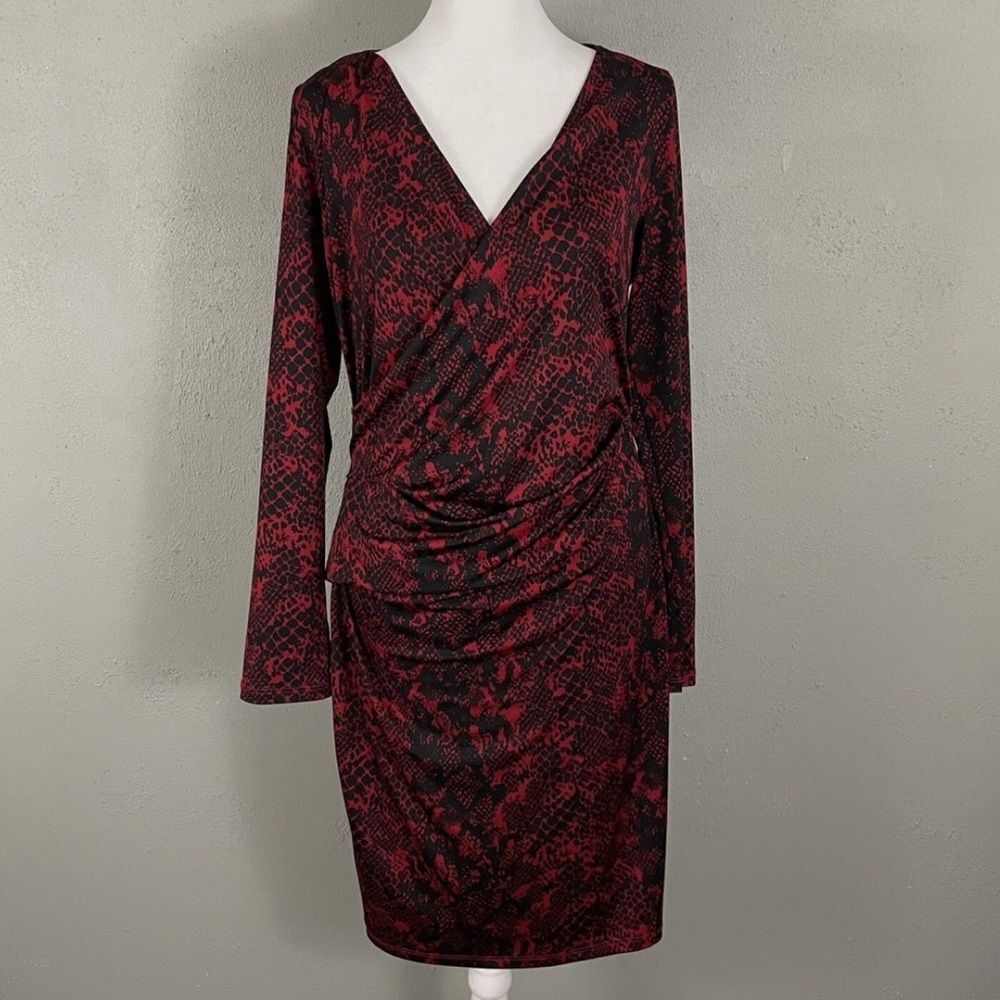 Karen Kane L Red Black Snake Print Faux Wrap Long Sleeve Knee Length Dress